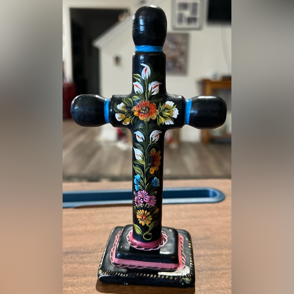VTG Hand-Painted Wooden Cross Flower Floral Christian Decor Mexico Folk Art
